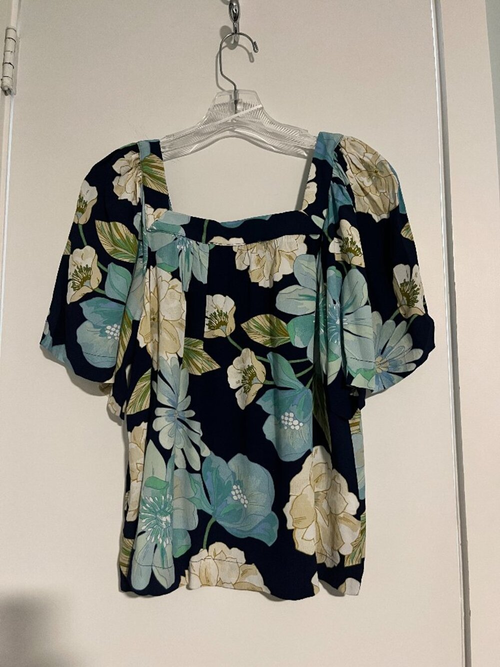 LOFT Floral Square Neck Top Navy Blue & Aqua Size MP